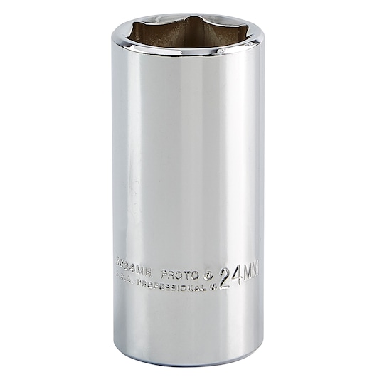 PROTO chrome 24mm deep socket, SKU J5024MH, tall cylindrical shape, front angle on white background.