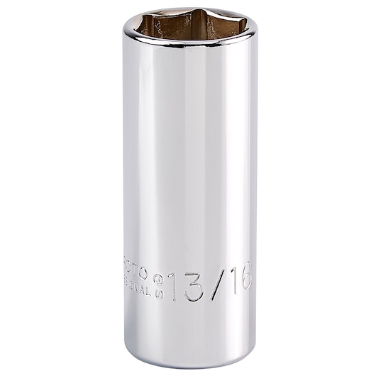 PROTO J5026H chrome 13/16 inch deep socket, six-point, photographed upright on white background.