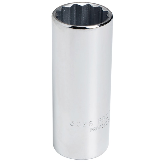 PROTO chrome finish deep socket, SKU J5026, tool category, side angle on white background.