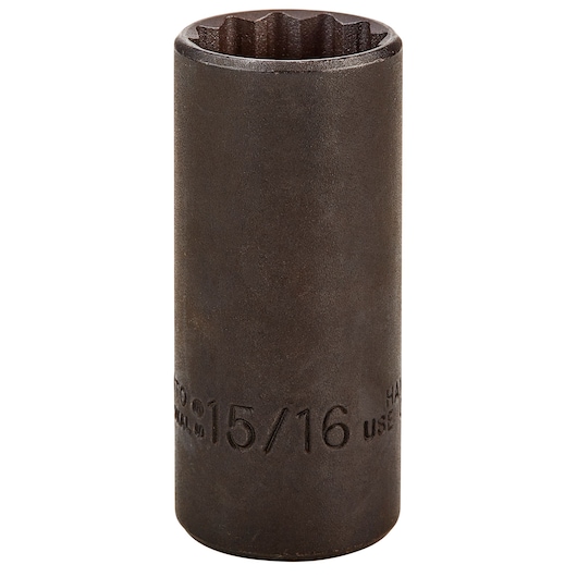 Photo of a PROTO J5030B deep 12-point socket, 15/16 inch, matte dark finish, upright on white background.
