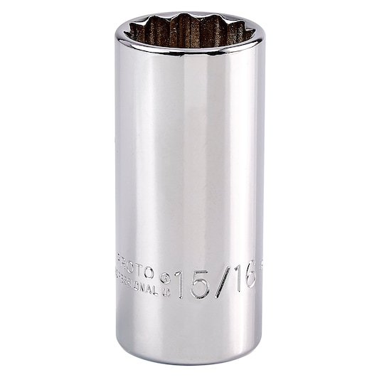 PROTO J5030 chrome 12-point deep socket, 15/16 inch, photographed upright on white background.