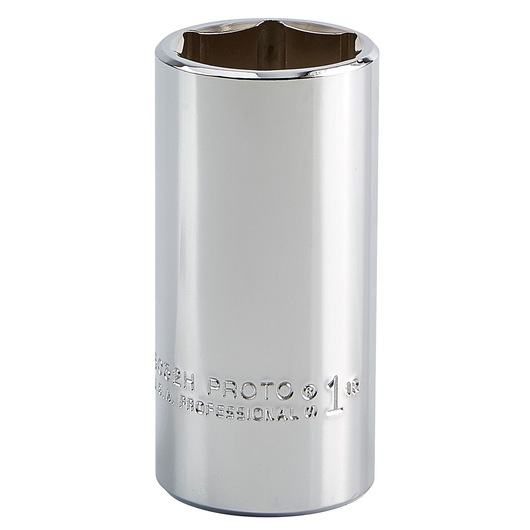 PROTO J5032H chrome socket, 1 inch size, cylindrical tool, straight-on angle, on white background.