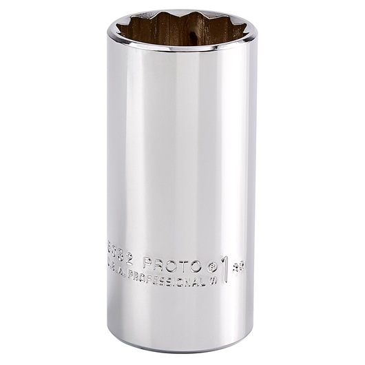 PROTO J5032 chrome deep socket, 12-point, vertical angle, on white background.