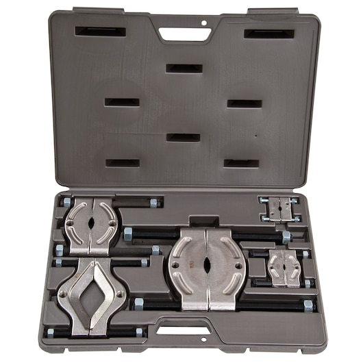 PROTO J5041 gear and bearing puller set in a hard plastic carrying case, shown from above on white background.