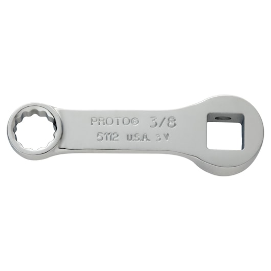 Photo of PROTO J5112 chrome-finished box end wrench on white background, showing 3/8 inch size marking.