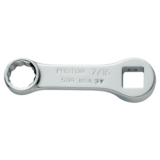 Photo of PROTO J5114 chrome box end wrench with square drive, white background, tool category.