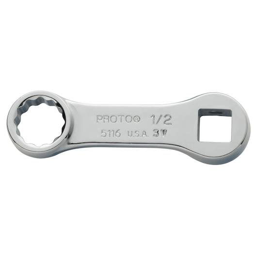 Photo of PROTO J5116 chrome box wrench with 12-point end and square drive, top view on white background.