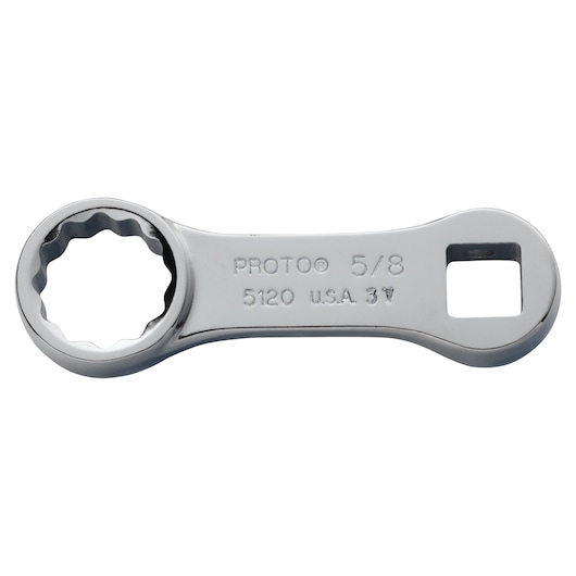 PROTO J5120 chrome finish box end wrench with 5/8 inch size, top view on white background.