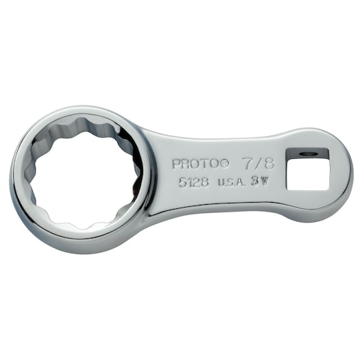 Photo of PROTO J5128 chrome finish box end wrench, 7/8 inch size, top angle on white background.
