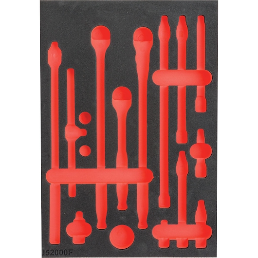Photo of PROTO foam tool organizer tray J52000F, black and red, with cutouts for various hand tools, top view.