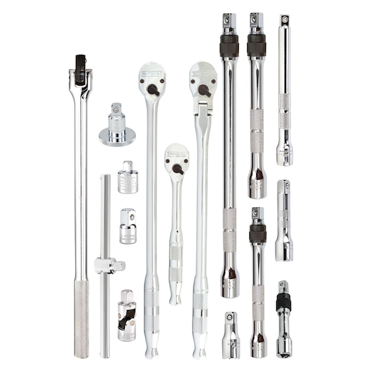 PROTO J52000S ratchet and extension bar set, silver hand tools, top-down view on white background.