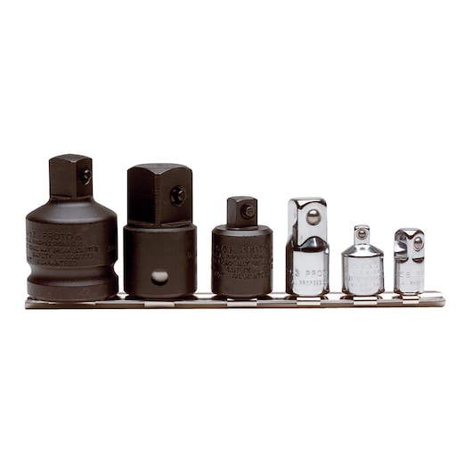 PROTO J52006 socket adapter set, six pieces with different finishes, arranged on a metal rail, front angle.
