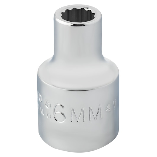 PROTO J5206M chrome 6mm socket, twelve-point, photography with white background, front angle.