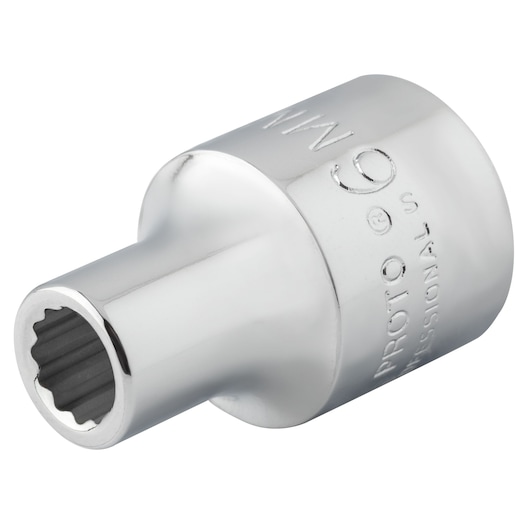 PROTO J5206M chrome polished metric socket with 12-point design, close-up angle on white background.