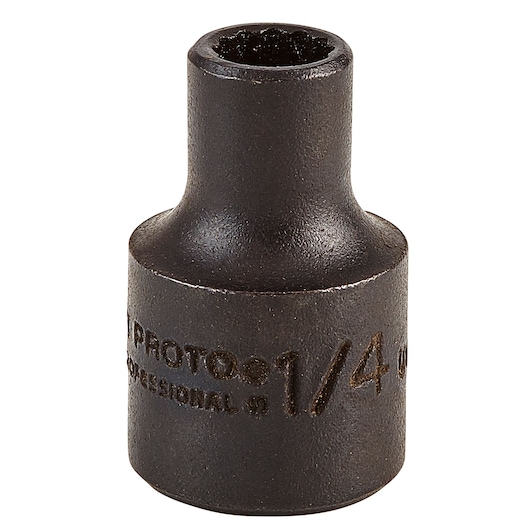 PROTO J5208B black steel socket tool, 1/4 inch size, front angle, photography on white background.