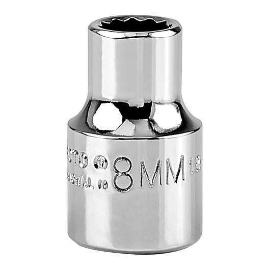 Photo of PROTO J5208M chrome 8mm socket, front angle, with six-point design and embossed size marking.