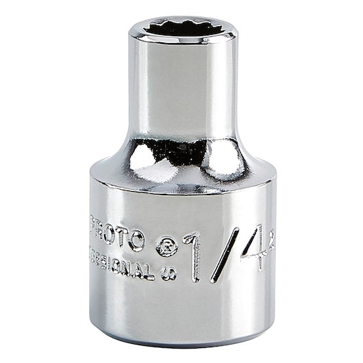 Photo of PROTO J5208 chrome socket, 1/4-inch drive size, front angle on white background.