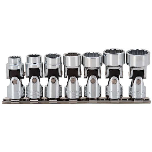 PROTO J52102 chrome socket set with swivel joints, photography, front angle, on white background.