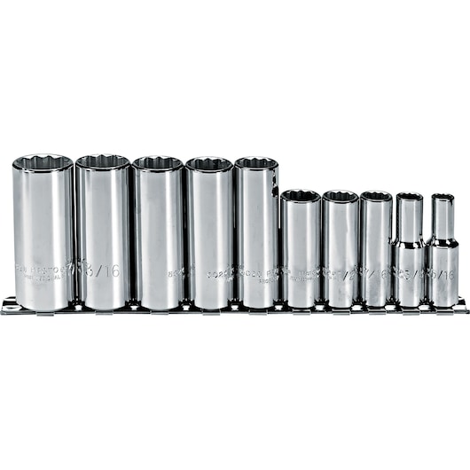 PROTO J52107 chrome deep socket set, 10-piece, photography, front angle on white background.