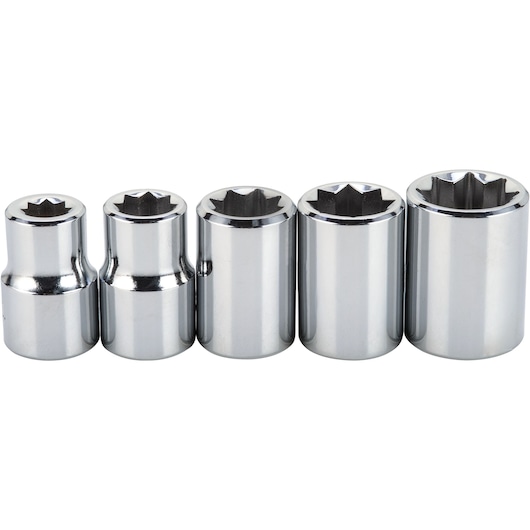 PROTO J52109 socket set, five chrome star sockets, product photography, front angle, white background.