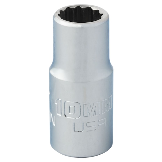PROTO J5210MN chrome 10mm socket, front angle, photography of hand tool on white background.