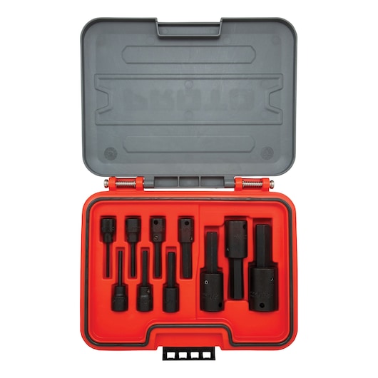 PROTO J52110HIM impact socket adapter and extension set in a red and gray hard case, top view.