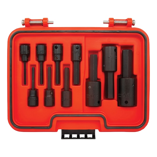PROTO J52110HIM socket bit set in red case, top view with ten black hex bits organized inside.