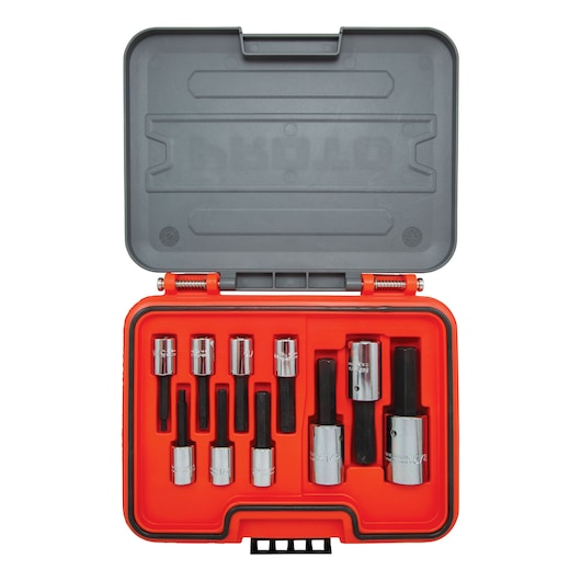 PROTO J52110H socket bit set with ten chrome and black pieces in a red plastic case, top view.