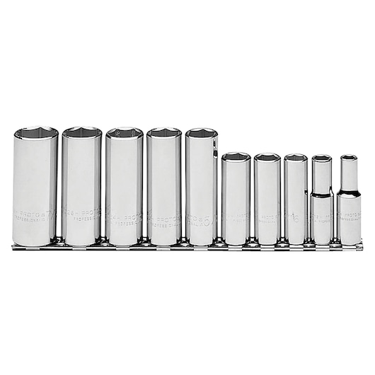 PROTO J52111 socket set, 11 chrome deep sockets on rail, front angle, white background.