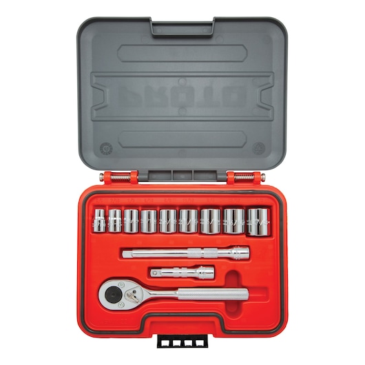 PROTO J52112S socket and ratchet set with extensions in red and gray plastic case, top view on white background.