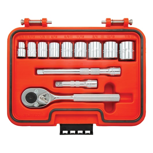 PROTO J52112S socket wrench set with chrome sockets, extensions, and ratchet in an orange case, top view.