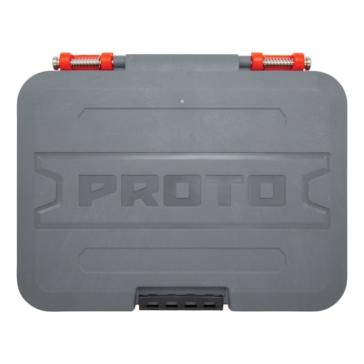 PROTO J52112S tool case, gray hard plastic with red hinges, top view, photography on white background.