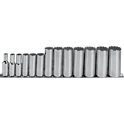 PROTO J52112 chrome socket set with twelve pieces on rack, front view, photography on white background.