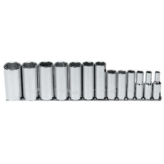 PROTO J52114 chrome socket set with 14 pieces arranged row on white background, side view.