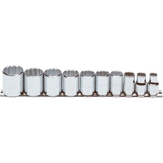 PROTO J52118 chrome socket set with multiple sizes, side view on white background.