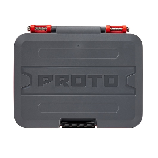 PROTO J52119AS hard plastic tool case with embossed logo, dark gray with red top hinges, front view.