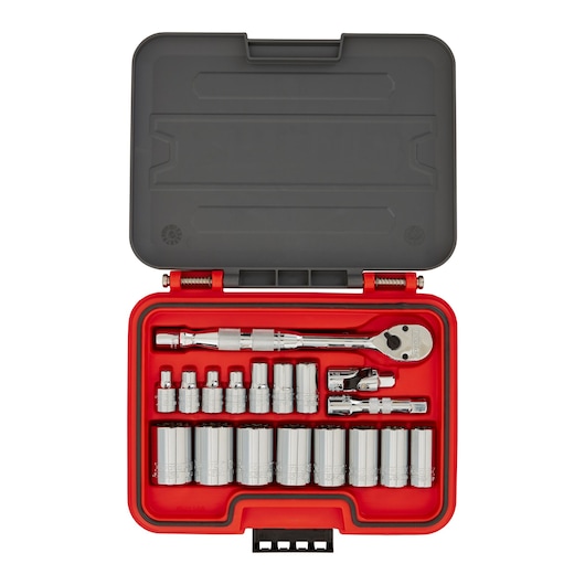 PROTO J52119AS socket set with ratchet and accessories in a red and black hard case, top-down view.