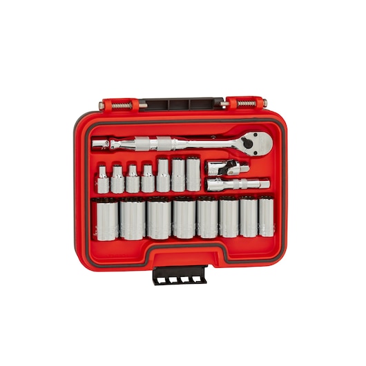 PROTO J52119AS socket set in red case, chrome tools includes ratchet and sockets, top view.