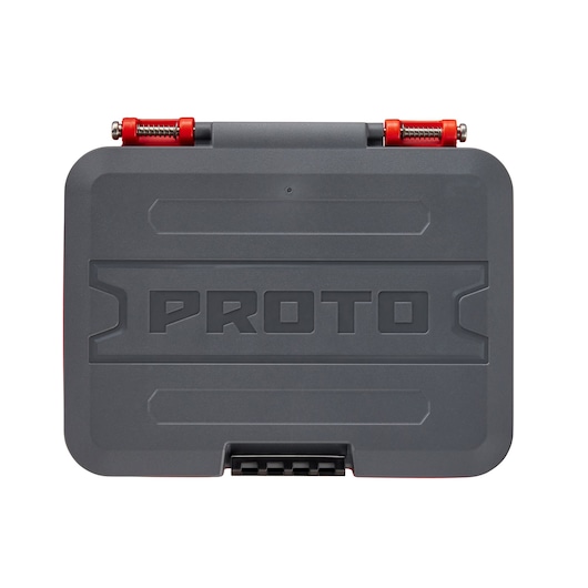 Photo of PROTO J52121S tool case, grey plastic with red hinges, top angle on white background.