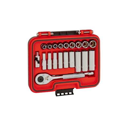 PROTO J52121S socket and ratchet set in red hard case, showing multiple chrome sockets and accessories, front angle.