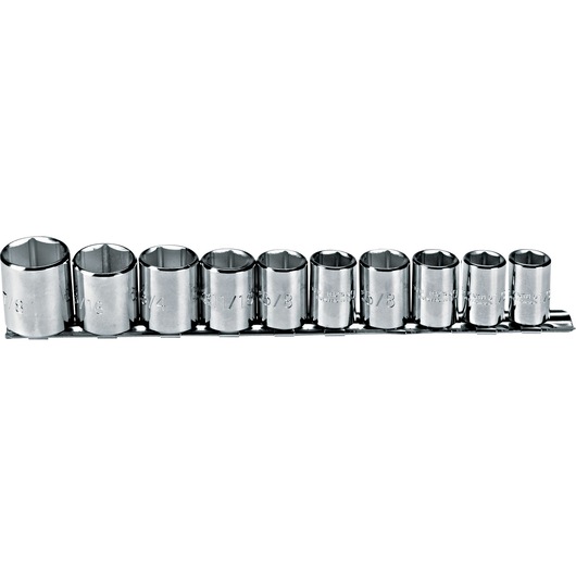 PROTO socket set J52122, photography of nine chrome sockets on rail, front angle, white background.