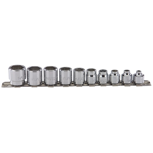 PROTO J52123 chrome socket set with ten pieces on rail, front view, on white background.