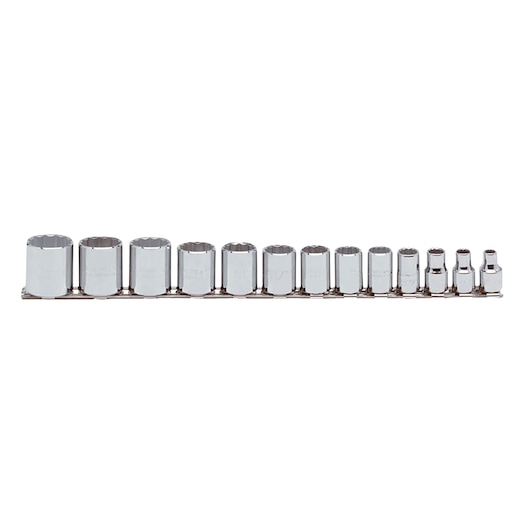 PROTO J52124 socket set with 13 chrome sockets on metal rail, front angle, white background.