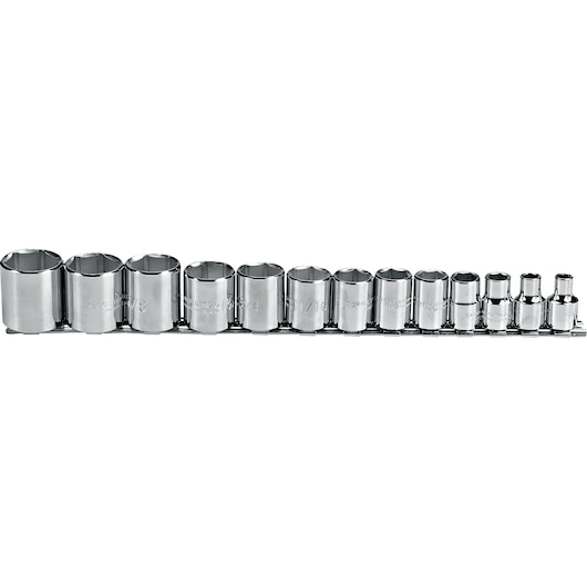 PROTO J52126 socket set with twelve chrome sockets in a row, front angle, on white background.