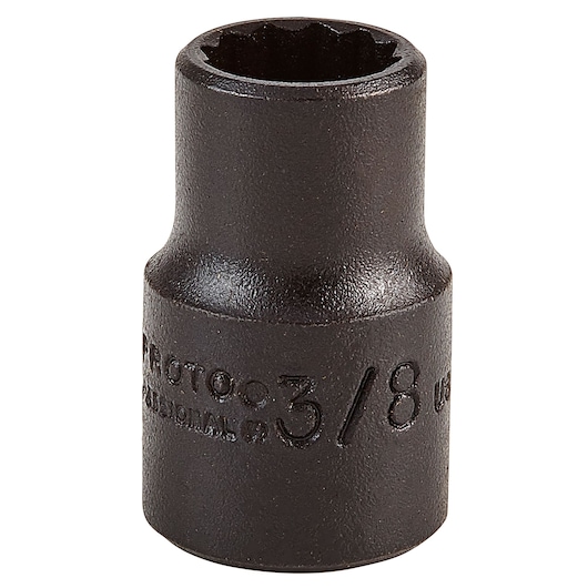 Photo of PROTO J5212B black 3/8 inch drive impact socket, front angle, on white background.