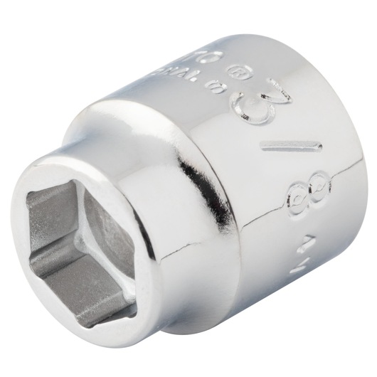 PROTO chrome socket, SKU J5212HS, close-up angled photo on white background showing six-point opening and size markings.
