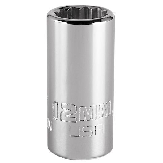 Photo of PROTO 12mm chrome socket, SKU J5212MN, shown upright on white background, deep hex design.