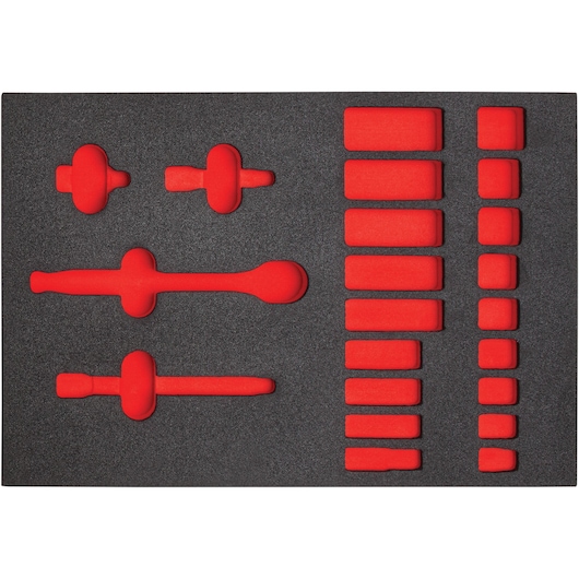 PROTO red and black foam tool organizer insert, SKU J52134HTCF, photography, top view on white background.