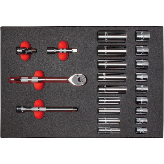 PROTO J52134HTCK socket and ratchet set with metal sockets and accessories arranged in foam tray, top view.