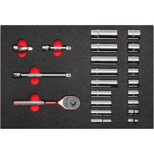 PROTO J52134K socket and ratchet set with chrome sockets, extensions, and ratchet in foam tray, top view.